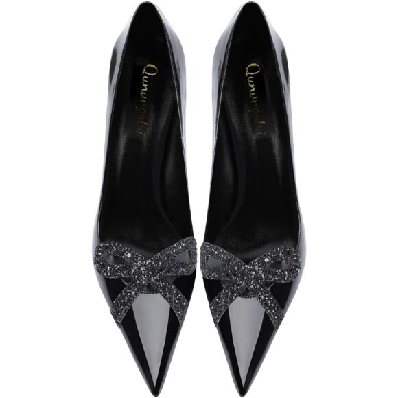 Women's Black Pointed Butterfly Decoration Shallow 3.9in Stiletto Pumps Heels - Picture 6 of 7